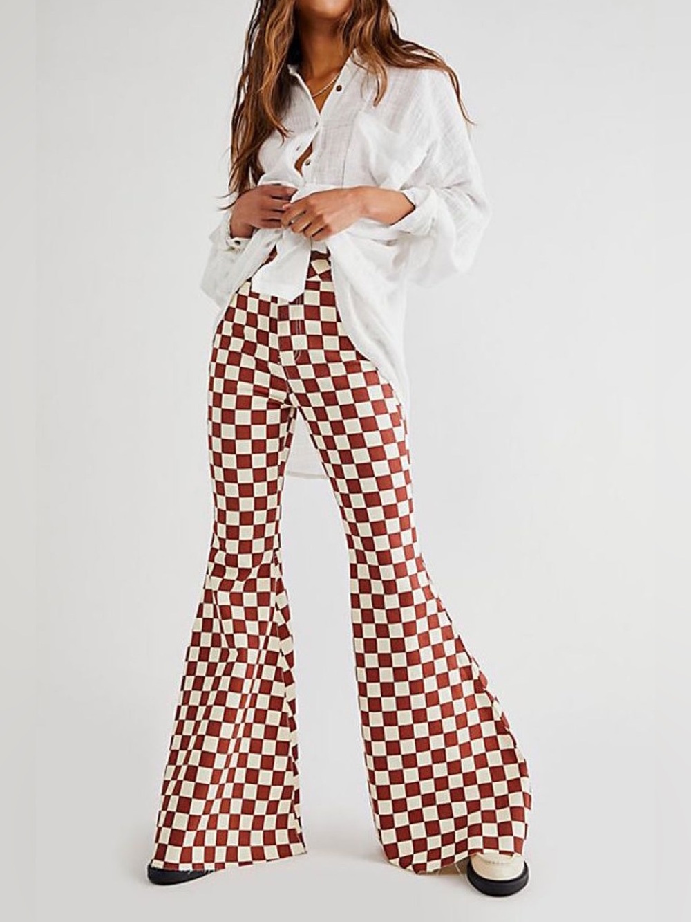 We the Free by Free People Just Float On Checkered Print Bell Bottom Pants 25”